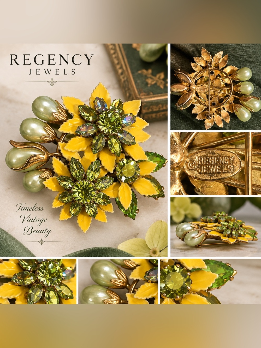 Regency Vintage Yellow and Olive Green Flower Brooch Pin